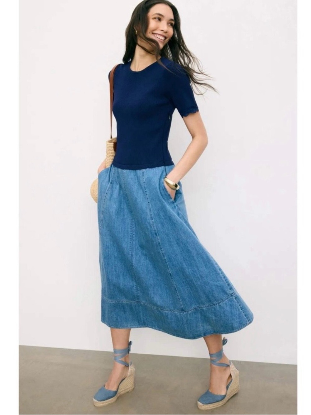 Shoshanna Faith Mixed MediaTwo-Tone Blue Denim Midi Dress- XL